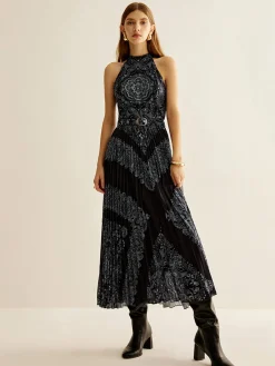 Discount Boheme Sleeveless Pleated Dress With Belt Black Dresses|Casual Dresses