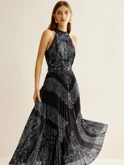 Discount Boheme Sleeveless Pleated Dress With Belt Black Dresses|Casual Dresses