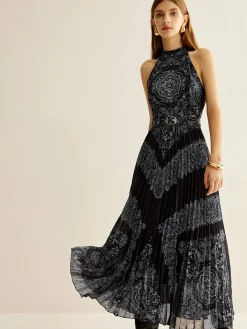 Discount Boheme Sleeveless Pleated Dress With Belt Black Dresses|Casual Dresses