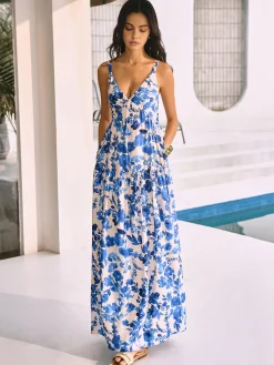 Hot Boho Blooming Floral Print Pocket Cami Long Dress Floral Dresses|Vacation Dresses