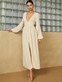 Boho Lantern Sleeve Button-Front Long Split Dress White Dresses|Casual Dresses