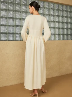 Boho Lantern Sleeve Button-Front Long Split Dress White Dresses|Casual Dresses
