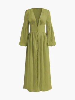 Boho Lantern Sleeve Button-Front Long Split Dress White Dresses|Casual Dresses
