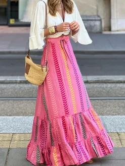 Sale Boho Printed Drawstring Ruffle Skirt Skirts|Bottoms