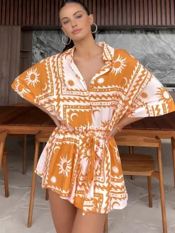 Discount Boho Sun & Moon Pattern Short Jumpsuit Jumpsuits & Rompers|Jumpsuits & Rompers