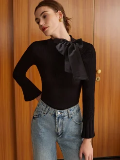 New Bow Decor Bell Sleeve Knit Top Sweater Tops|Sweaters & Cardigans