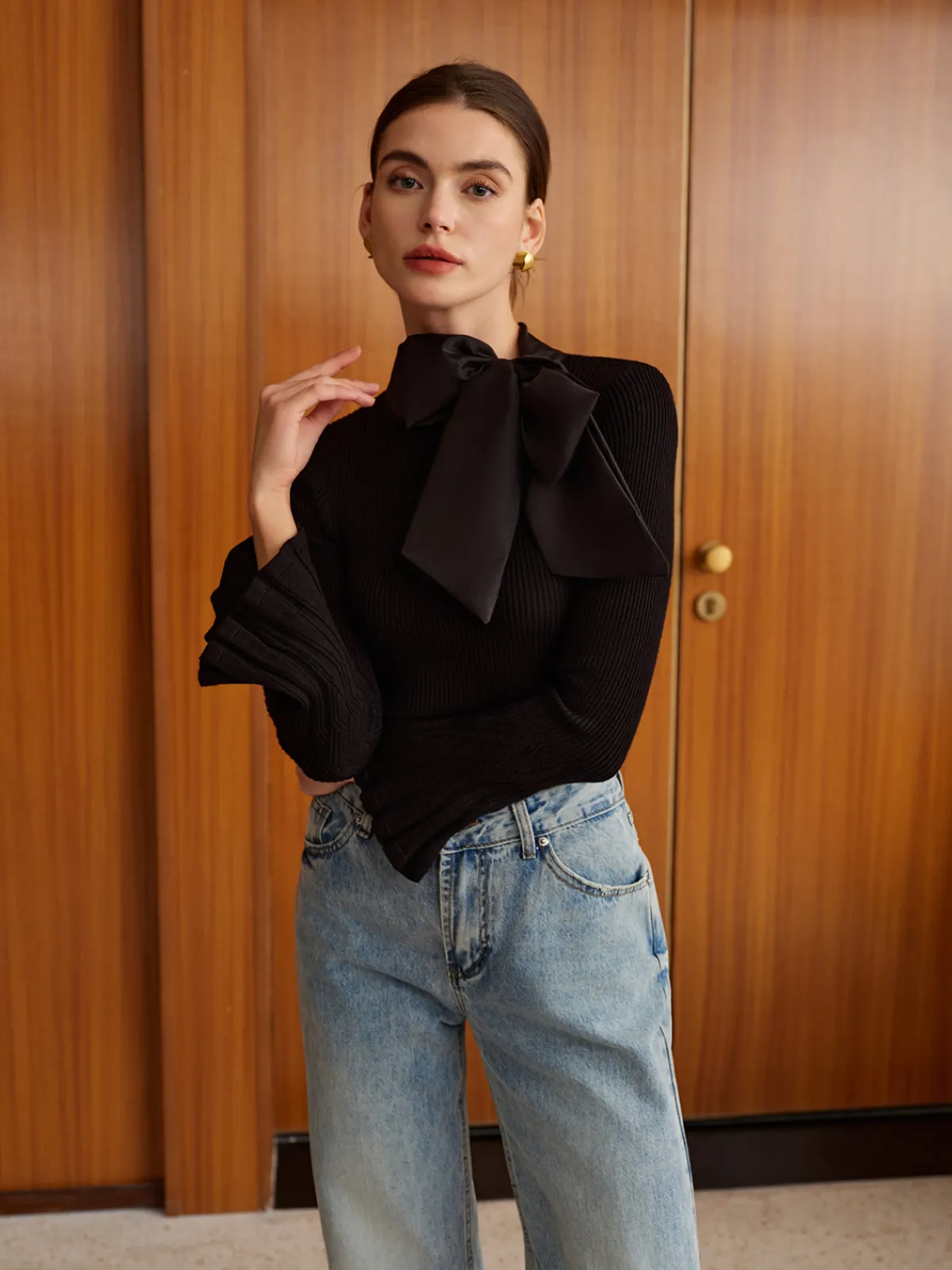 New Bow Decor Bell Sleeve Knit Top Sweater Tops|Sweaters & Cardigans
