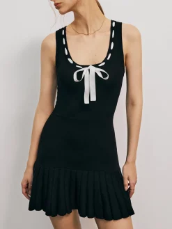 Clearance Bow Decor Pleated Short Dress Black Dresses|Sweater Dresses