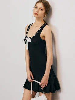 Clearance Bow Decor Pleated Short Dress Black Dresses|Sweater Dresses