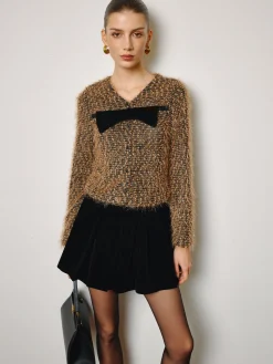 Clearance Bow Decor Purl Short Blouse Tops