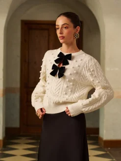 Hot Bow Front Knit Ball-Decor Sweater Knitwear|Tops