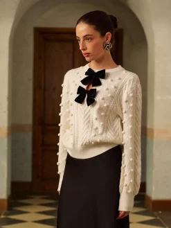 Hot Bow Front Knit Ball-Decor Sweater Knitwear|Tops