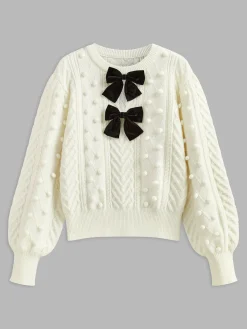 Hot Bow Front Knit Ball-Decor Sweater Knitwear|Tops