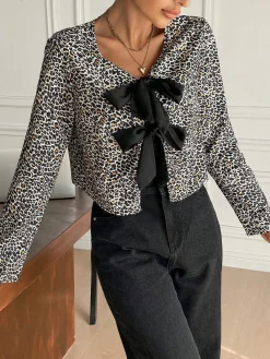 New Bow Front Leopard Printed Jersey Blouse Blouses & Shirts|Tops