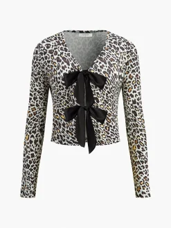New Bow Front Leopard Printed Jersey Blouse Blouses & Shirts|Tops