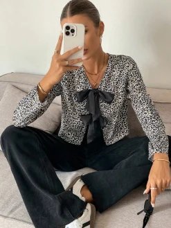 New Bow Front Leopard Printed Jersey Blouse Blouses & Shirts|Tops