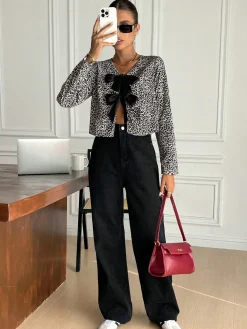 New Bow Front Leopard Printed Jersey Blouse Blouses & Shirts|Tops
