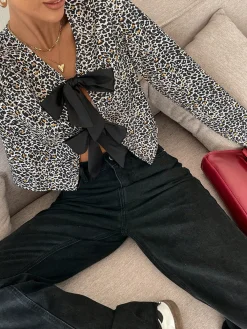 New Bow Front Leopard Printed Jersey Blouse Blouses & Shirts|Tops