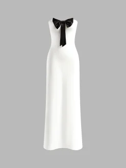 New Bow Front Strapless Split Long Dress White Dresses|Cocktail & Party Dresses