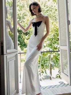 New Bow Front Strapless Split Long Dress White Dresses|Cocktail & Party Dresses