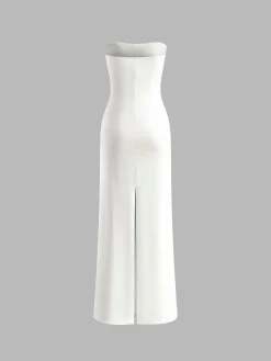 New Bow Front Strapless Split Long Dress White Dresses|Cocktail & Party Dresses