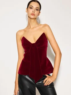 New Bow Front Velvet Zipper Tube Top Tops