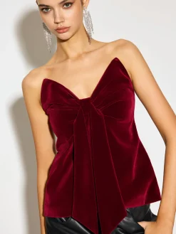New Bow Front Velvet Zipper Tube Top Tops