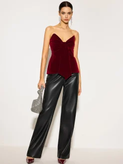 New Bow Front Velvet Zipper Tube Top Tops