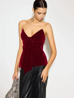 New Bow Front Velvet Zipper Tube Top Tops