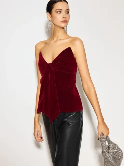 New Bow Front Velvet Zipper Tube Top Tops