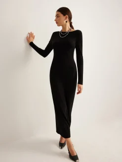 Bow Open Back Knit Dress Black Dresses|Sweater Dresses