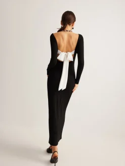 Bow Open Back Knit Dress Black Dresses|Sweater Dresses
