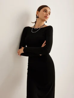 Bow Open Back Knit Dress Black Dresses|Sweater Dresses