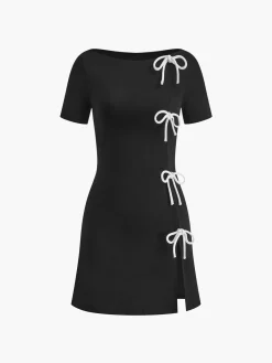New Bow Side Split Short Dress Black Dresses|Casual Dresses