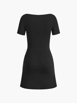 New Bow Side Split Short Dress Black Dresses|Casual Dresses
