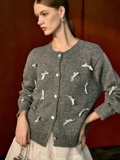 Sale Bow-Decor Button Stretch Cardigan Cardigans|Sweaters & Cardigans
