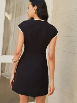 Clearance Bow-Decor Contrast Trim Zipper Dress Black Dresses|Casual Dresses