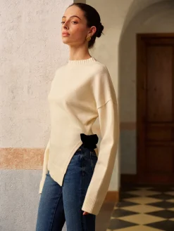 New Bow-Decor High Stretch Slit Sweater Knitwear|Tops