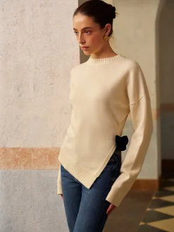 New Bow-Decor High Stretch Slit Sweater Knitwear|Tops