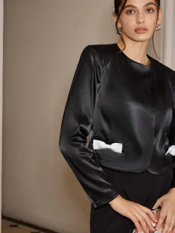 Outlet Bow-Decor Satin Short Blazer Outerwear|Blazers