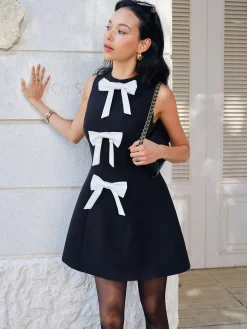 Best Bow-Decor Zipper Tank Dress Black Dresses|Casual Dresses