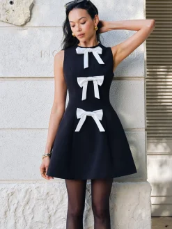 Best Bow-Decor Zipper Tank Dress Black Dresses|Casual Dresses
