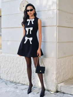 Best Bow-Decor Zipper Tank Dress Black Dresses|Casual Dresses