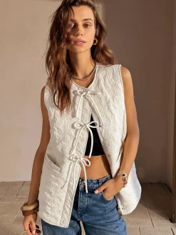 Discount Bow-Decor Zipper Vest Outerwear|Vests