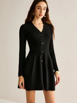 New Breasted Flowy Sweater Short Dress Black Dresses|Sweater Dresses