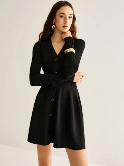 New Breasted Flowy Sweater Short Dress Black Dresses|Sweater Dresses