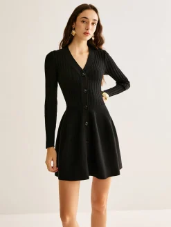 New Breasted Flowy Sweater Short Dress Black Dresses|Sweater Dresses