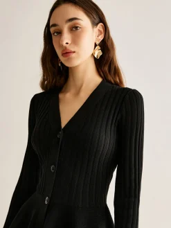New Breasted Flowy Sweater Short Dress Black Dresses|Sweater Dresses