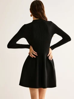 New Breasted Flowy Sweater Short Dress Black Dresses|Sweater Dresses