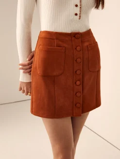 New Breasted Pockets Faux Leather Skirt Skirts|Matching Sets